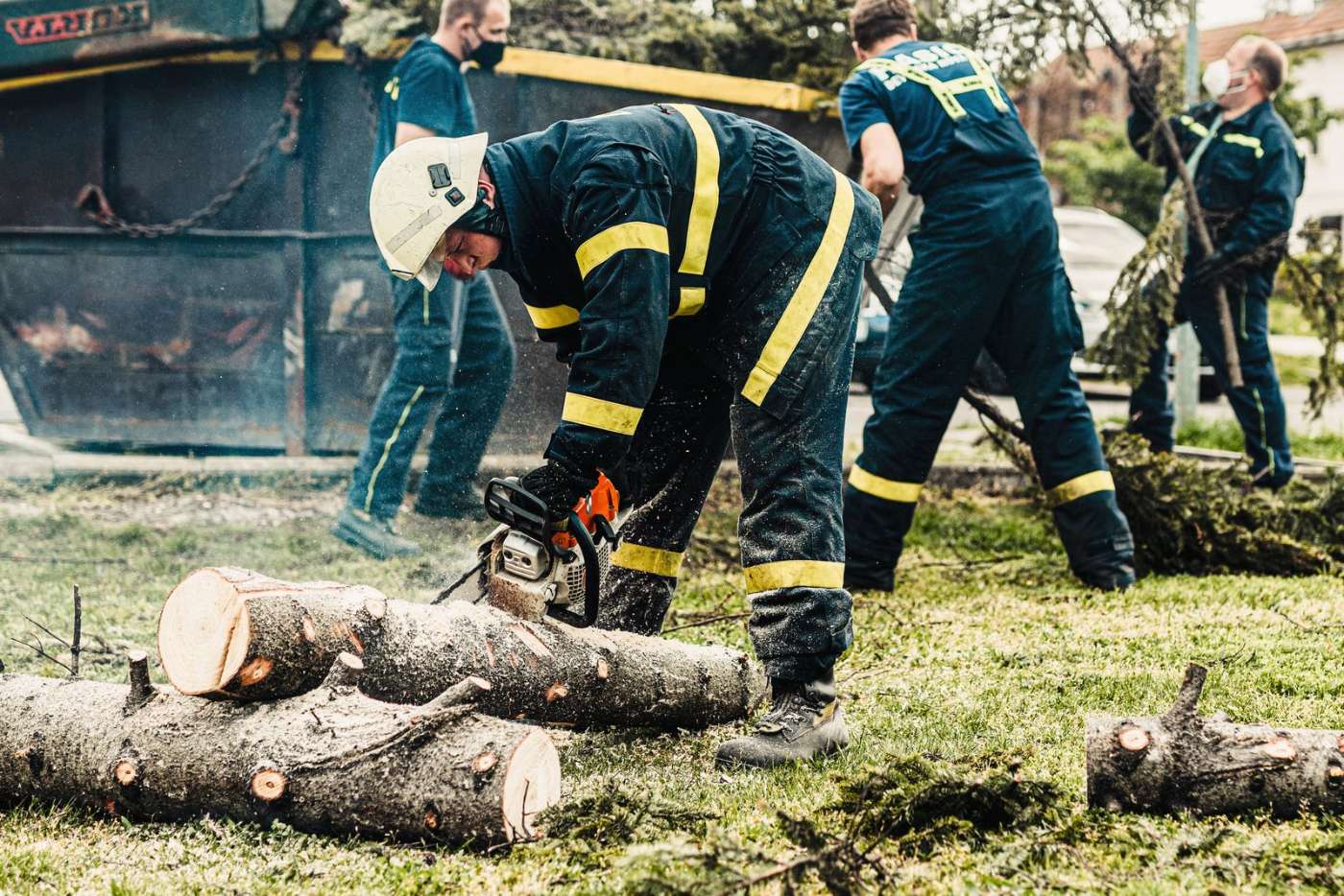 Crew cutting up a fallen tree on the ground
